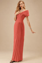 Rutipo Papaya Sheath/Column Off-The-Shoulder Elastic Satin Prom Dresses With Pleated