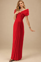 Rutipo Red Sheath/Column Off-The-Shoulder Elastic Satin Prom Dresses With Pleated