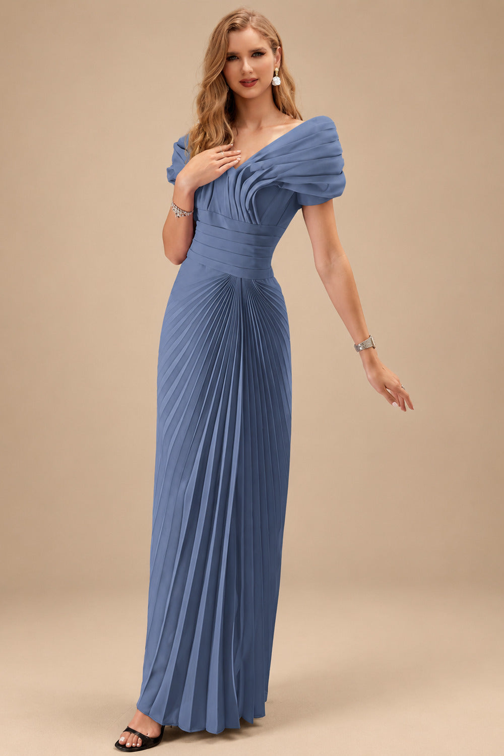 Rutipo Slate Blue Sheath/Column Off-The-Shoulder Elastic Satin Prom Dresses With Pleated