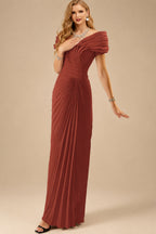 Rutipo Vermilion Sheath/Column Off-The-Shoulder Elastic Satin Prom Dresses With Pleated