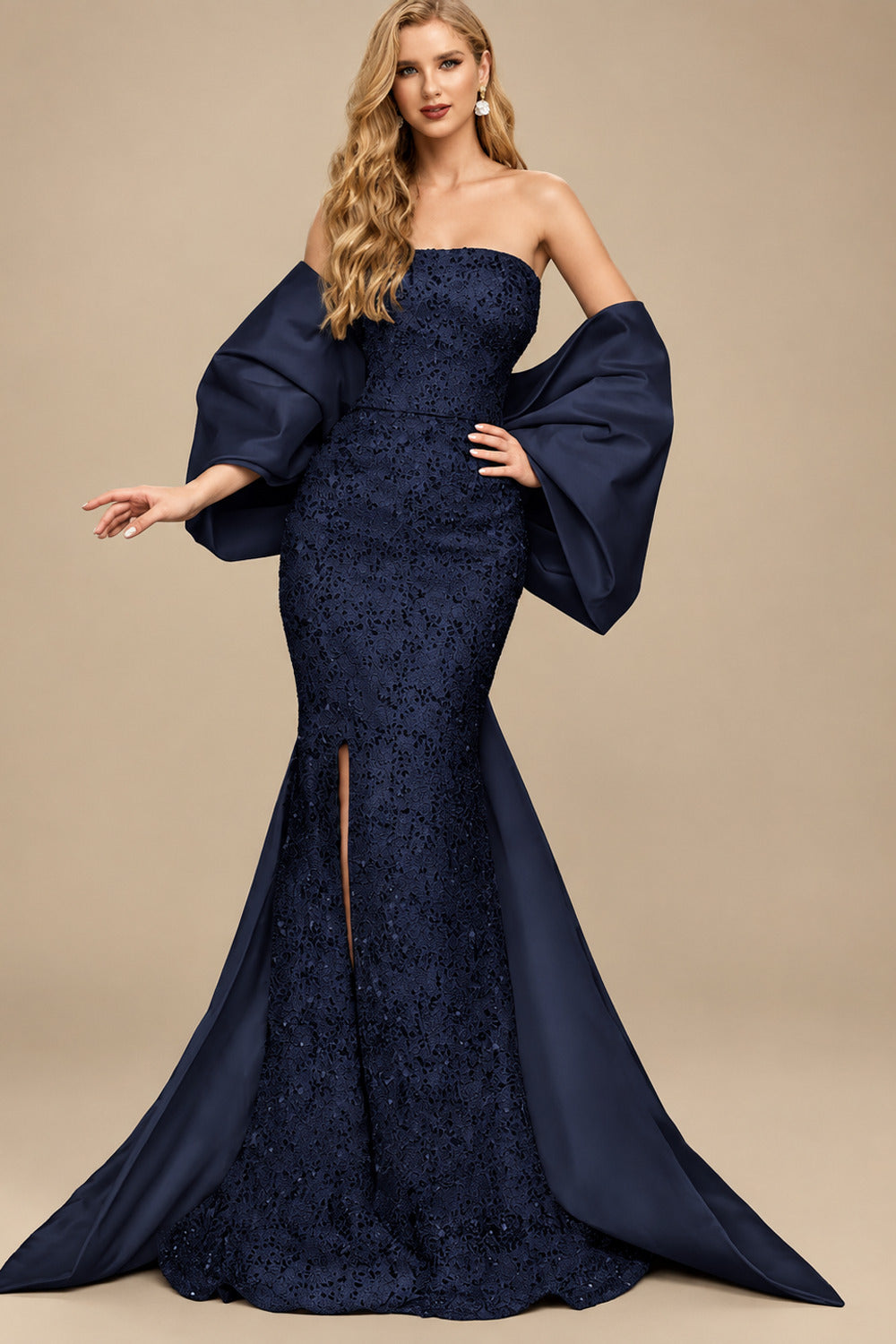 Rutipo Dark Navy Trumpet/Mermaid Off-The-Shoulder Sequined Prom Dresses With Split Front