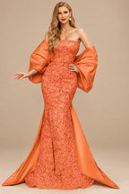 Rutipo Orange Trumpet/Mermaid Off-The-Shoulder Sequined Prom Dresses With Split Front