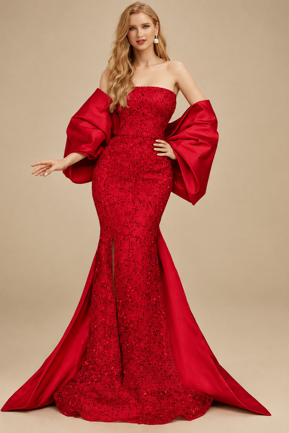 Rutipo Red Trumpet/Mermaid Off-The-Shoulder Sequined Prom Dresses With Split Front