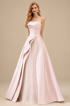 Rutipo Blushing Pink A-Line Strapless Sleeveless Floor-Length Satin Prom Dresses