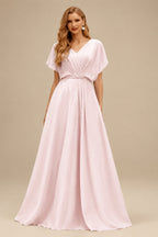 Rutipo Blushing Pink A-Line Strapless Sleeveless Floor-Length Satin Prom Dresses