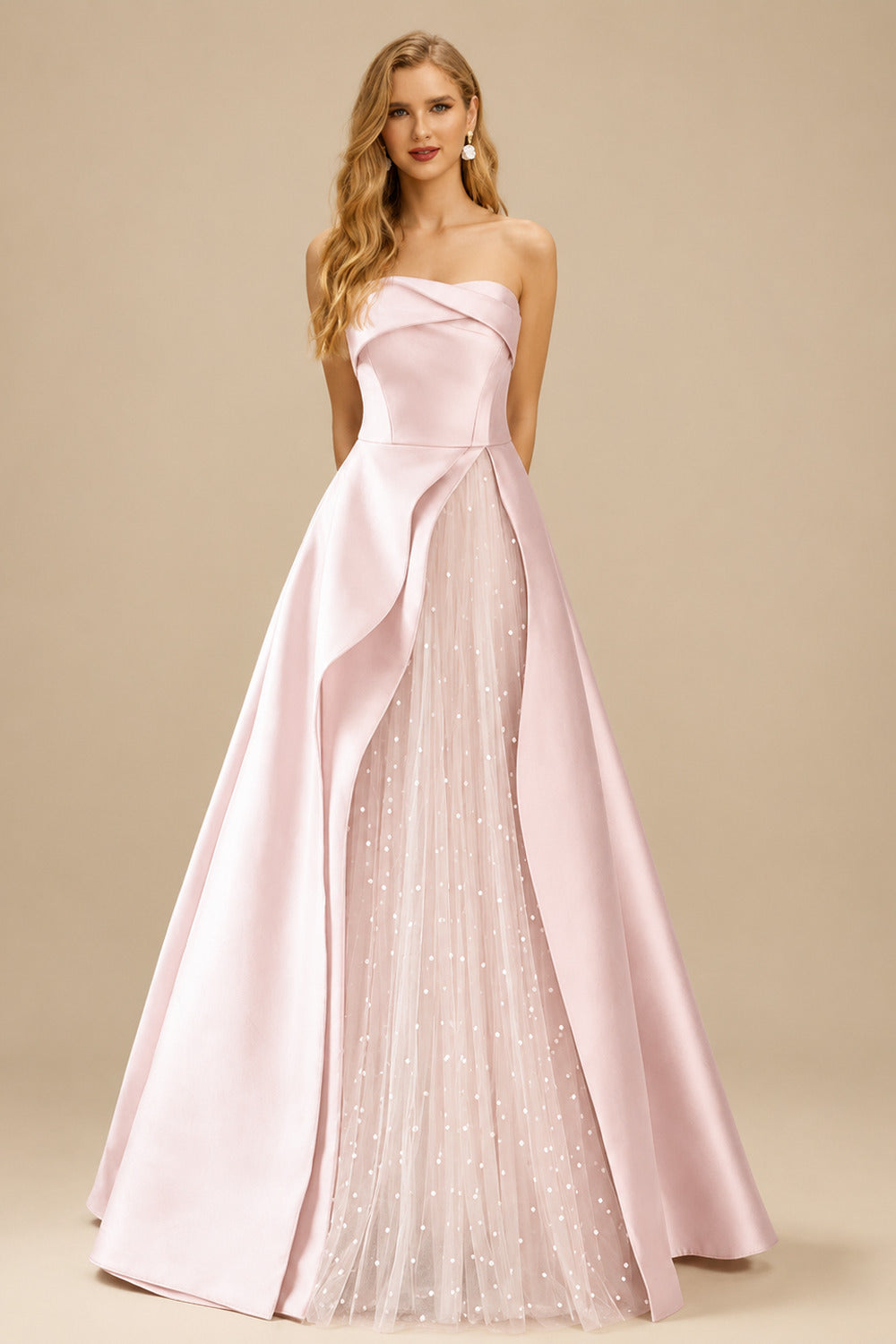 Rutipo Blushing Pink A-Line Strapless Sleeveless Floor-Length Satin Prom Dresses