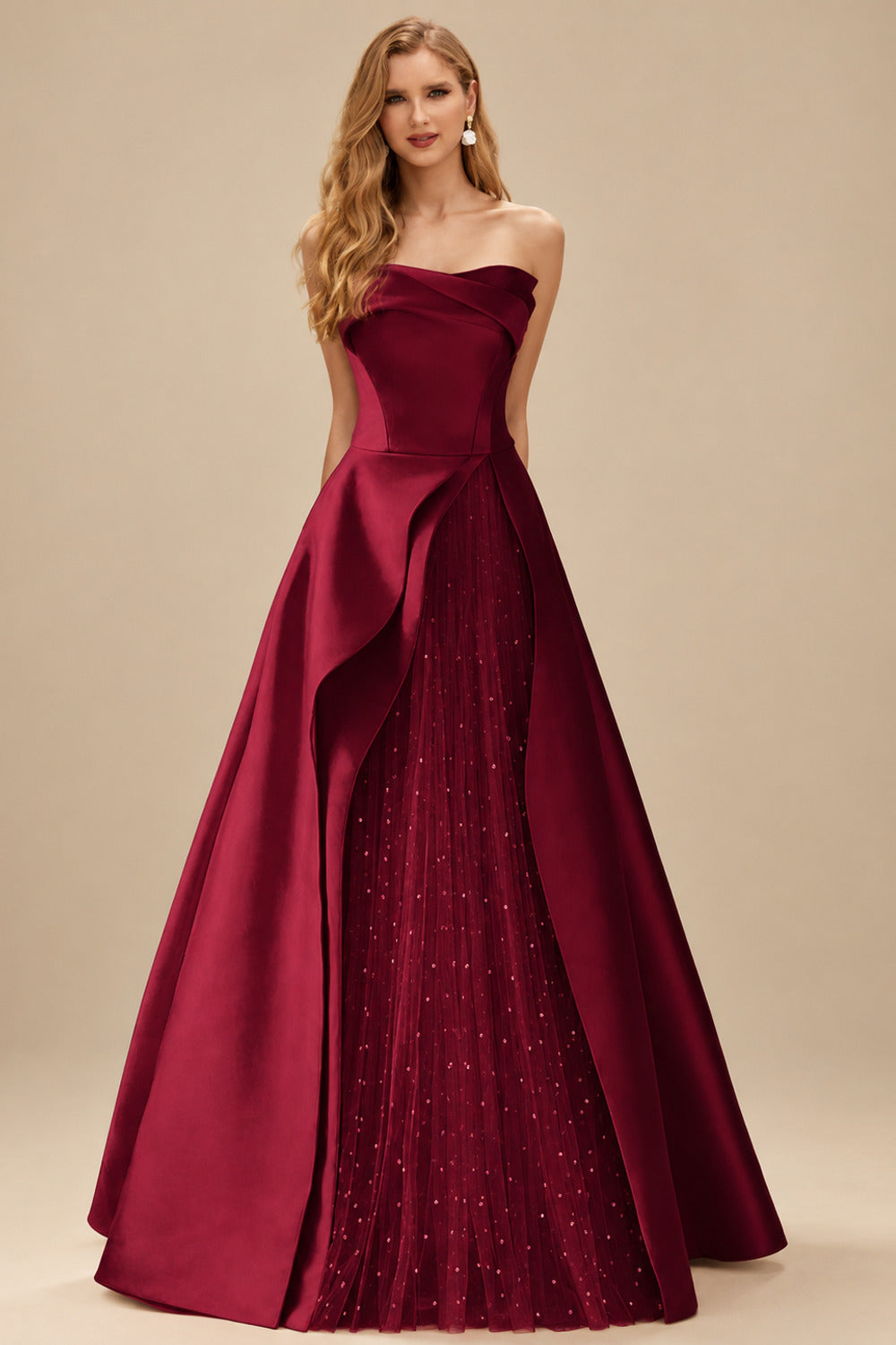 Rutipo Burgundy A-Line Strapless Sleeveless Floor-Length Satin Prom Dresses
