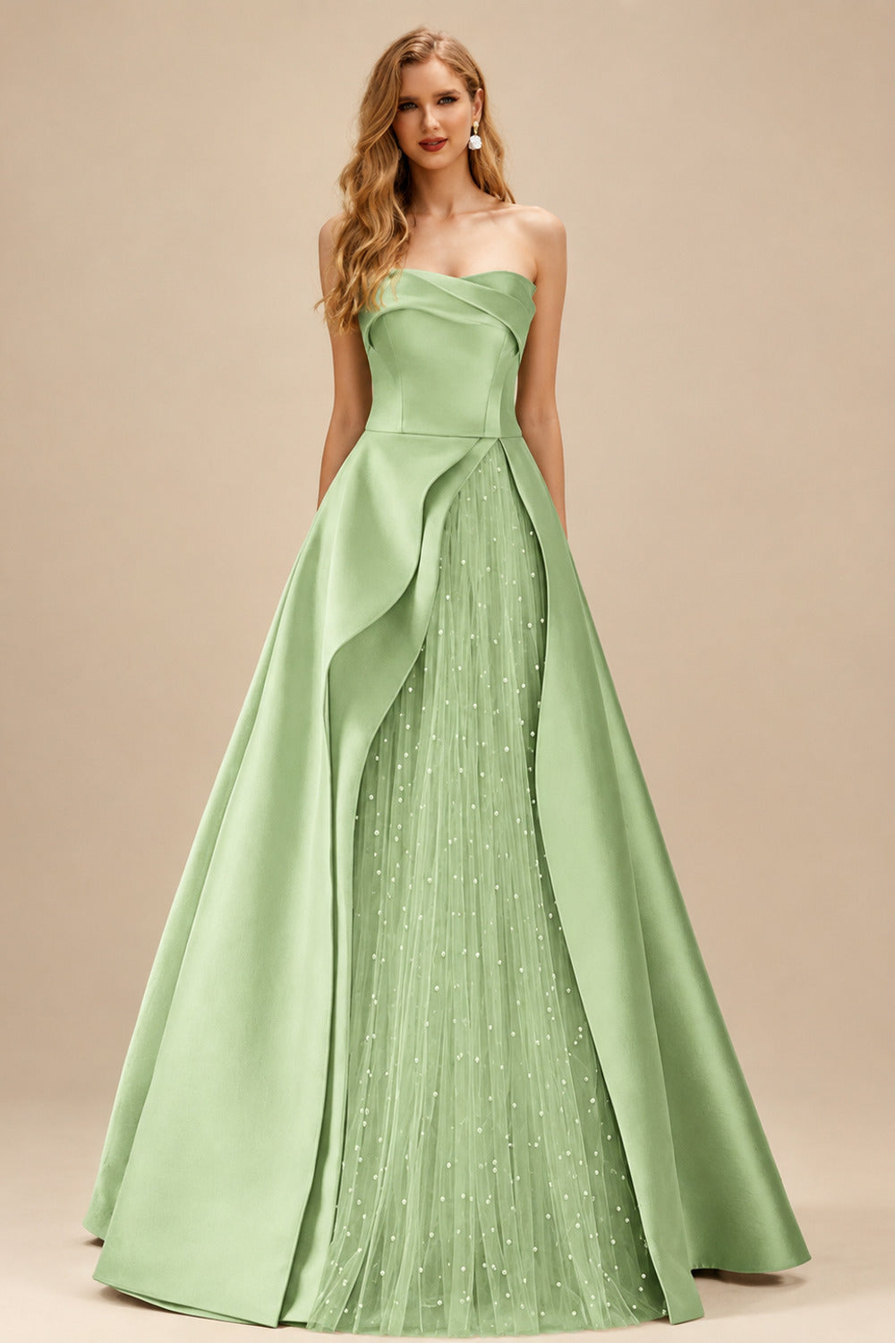 Rutipo Celadon A-Line Strapless Sleeveless Floor-Length Satin Prom Dresses