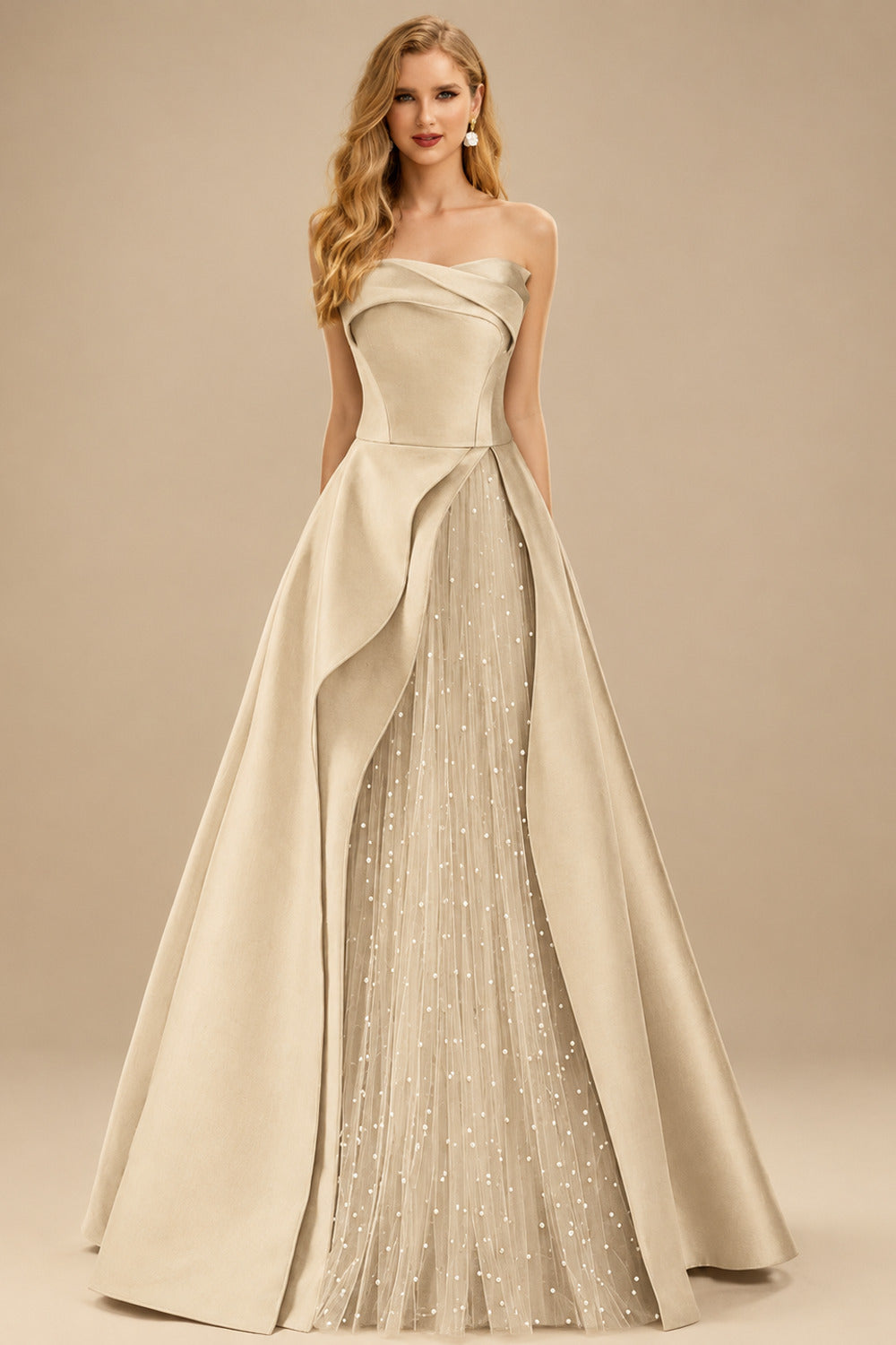 Rutipo Champagne A-Line Strapless Sleeveless Floor-Length Satin Prom Dresses