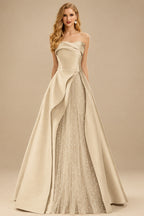 Rutipo Champagne A-Line Strapless Sleeveless Floor-Length Satin Prom Dresses