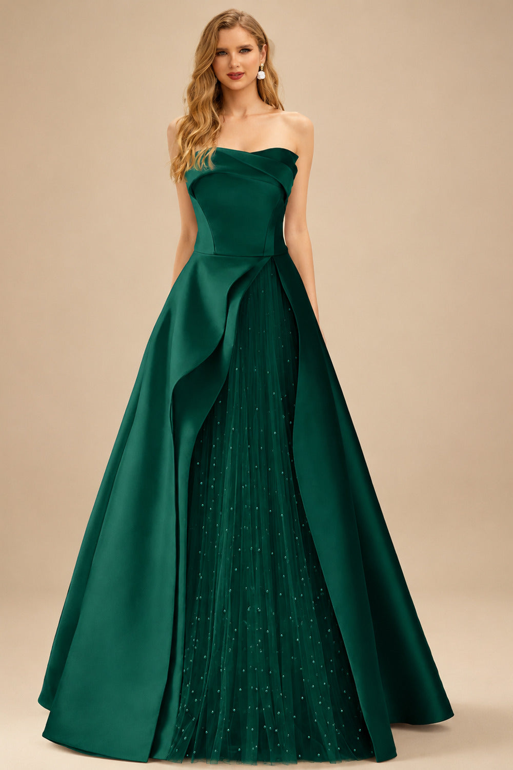 Rutipo Dark Green A-Line Strapless Sleeveless Floor-Length Satin Prom Dresses