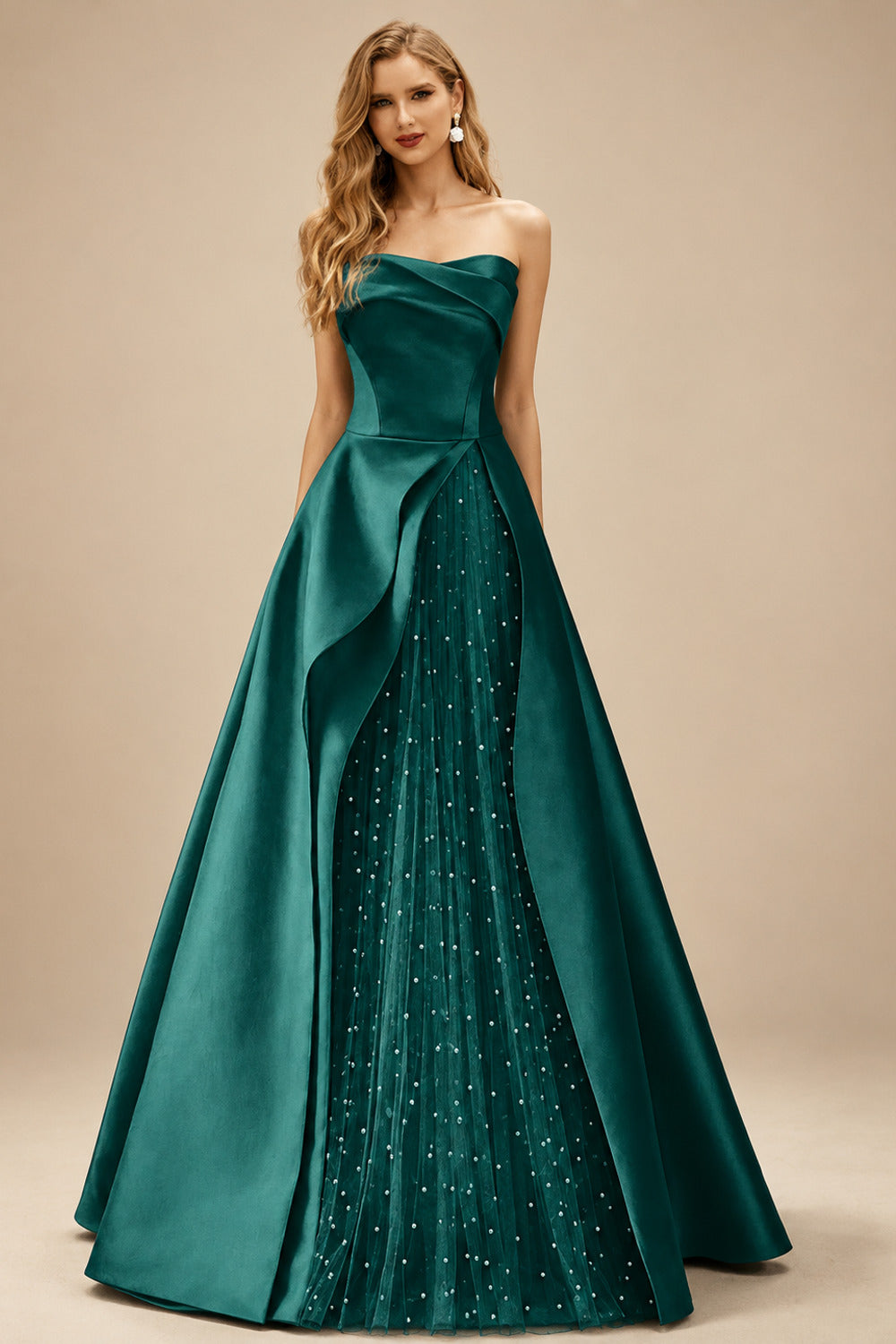 Rutipo Emerald A-Line Strapless Sleeveless Floor-Length Satin Prom Dresses