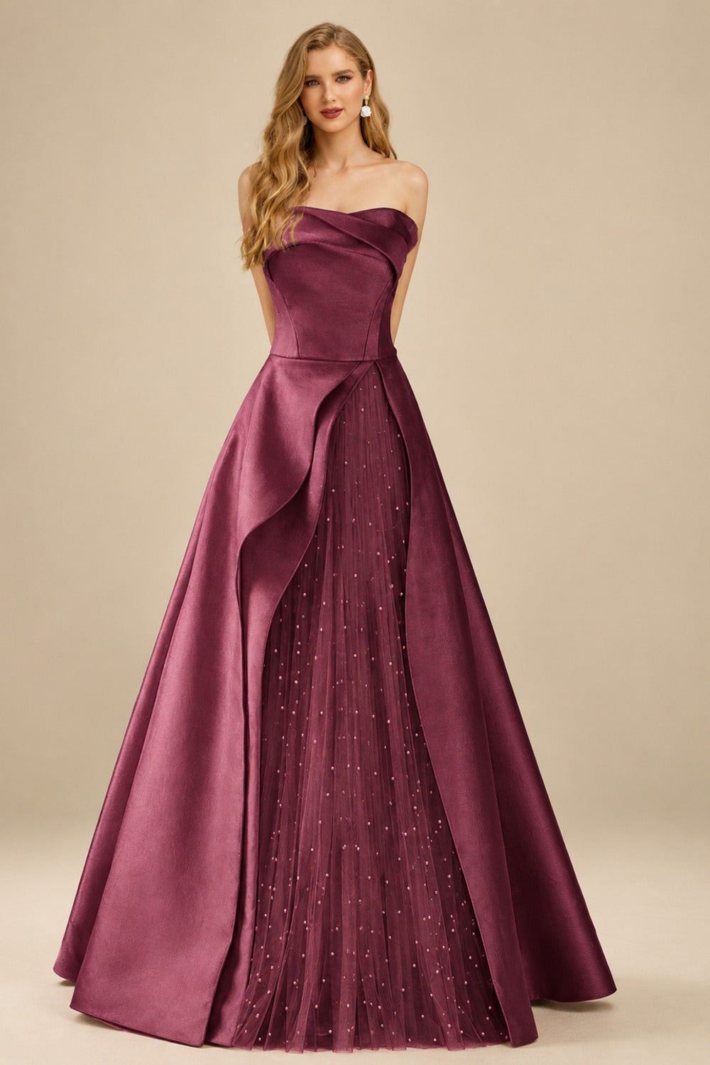 Rutipo Mulberry A-Line Strapless Sleeveless Floor-Length Satin Prom Dresses