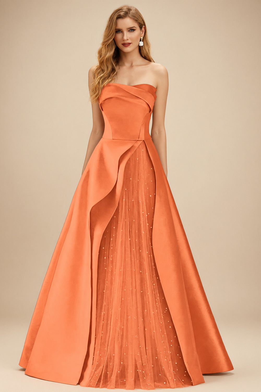 Rutipo Orange A-Line Strapless Sleeveless Floor-Length Satin Prom Dresses