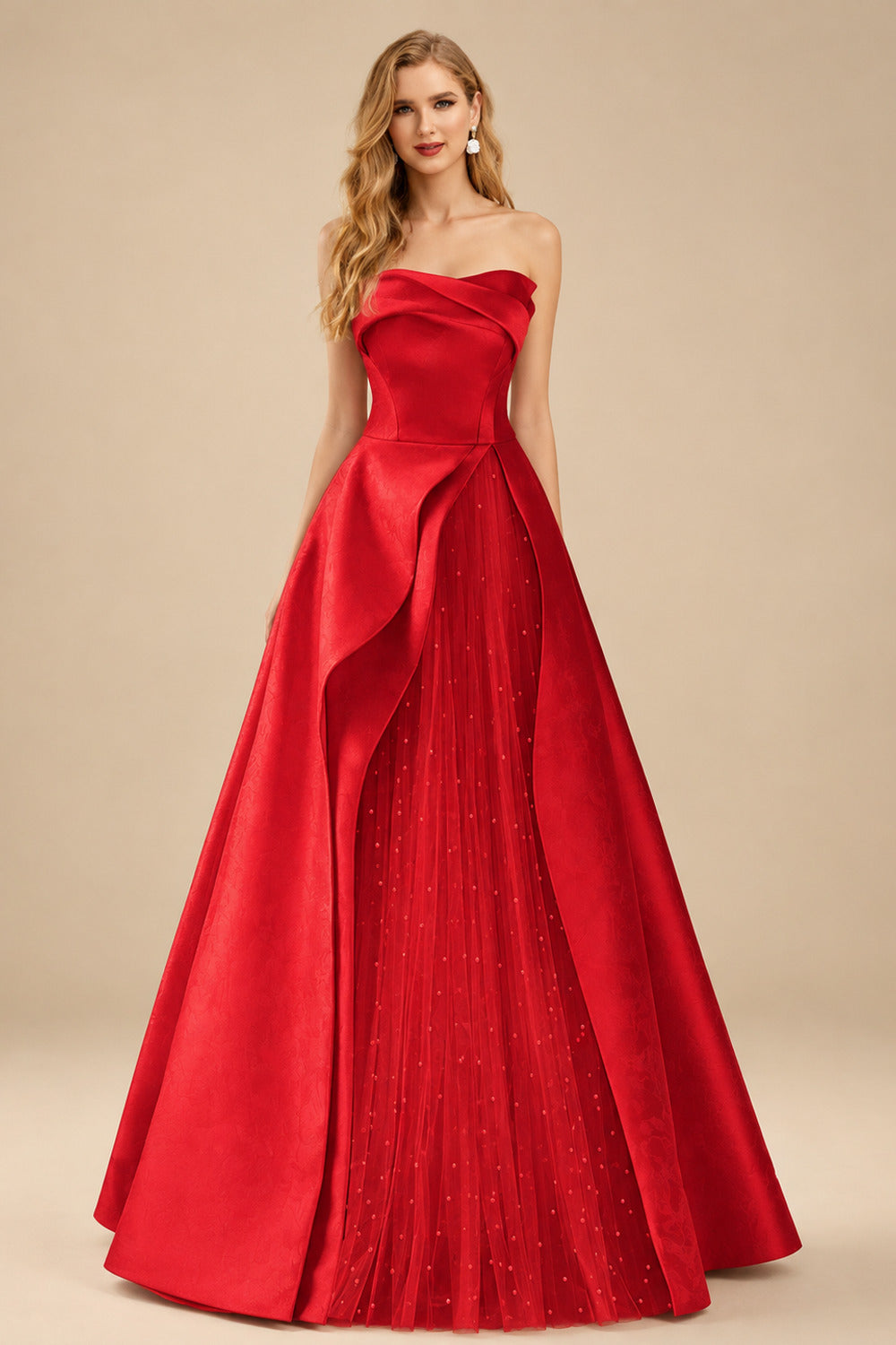 Rutipo Red A-Line Strapless Sleeveless Floor-Length Satin Prom Dresses
