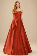 Rutipo Terracotta A-Line Strapless Sleeveless Floor-Length Satin Prom Dresses