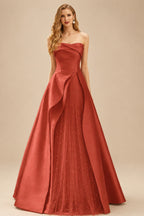 Rutipo Vermilion A-Line Strapless Sleeveless Floor-Length Satin Prom Dresses