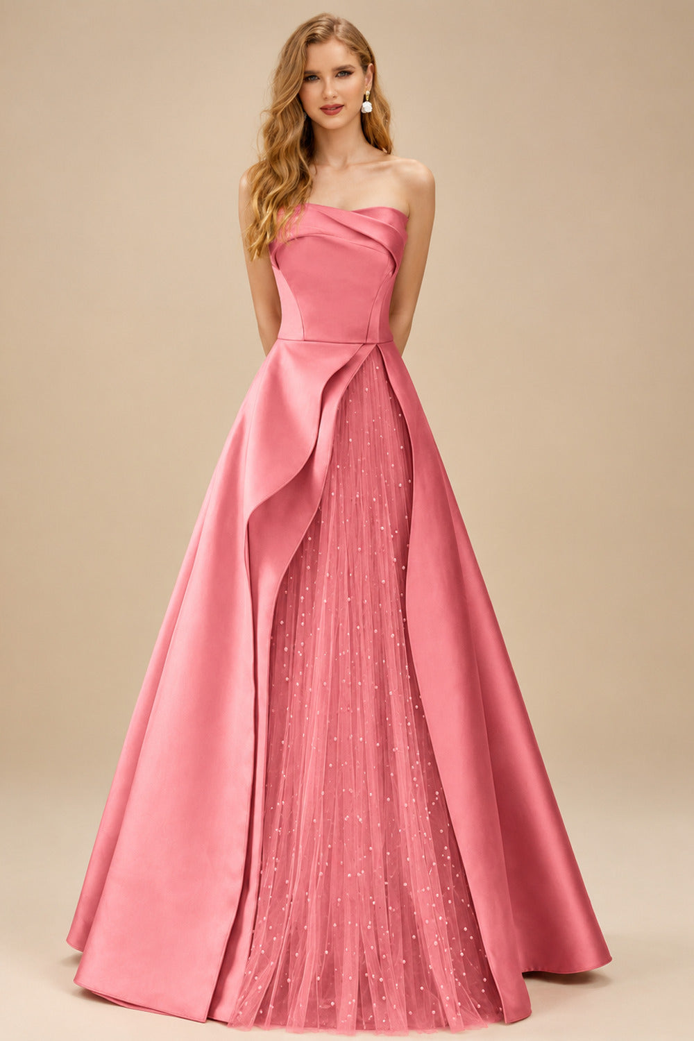 Rutipo Watermelon A-Line Strapless Sleeveless Floor-Length Satin Prom Dresses