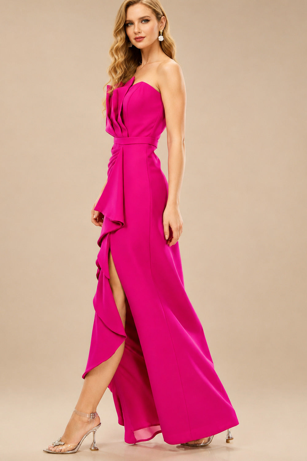 Rutipo As Picture Sheath/Column Strapless Elastic Satin Prom Dresses With Split Front/Cascading Ruffles