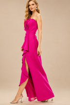 Rutipo As Picture Sheath/Column Strapless Elastic Satin Prom Dresses With Split Front/Cascading Ruffles