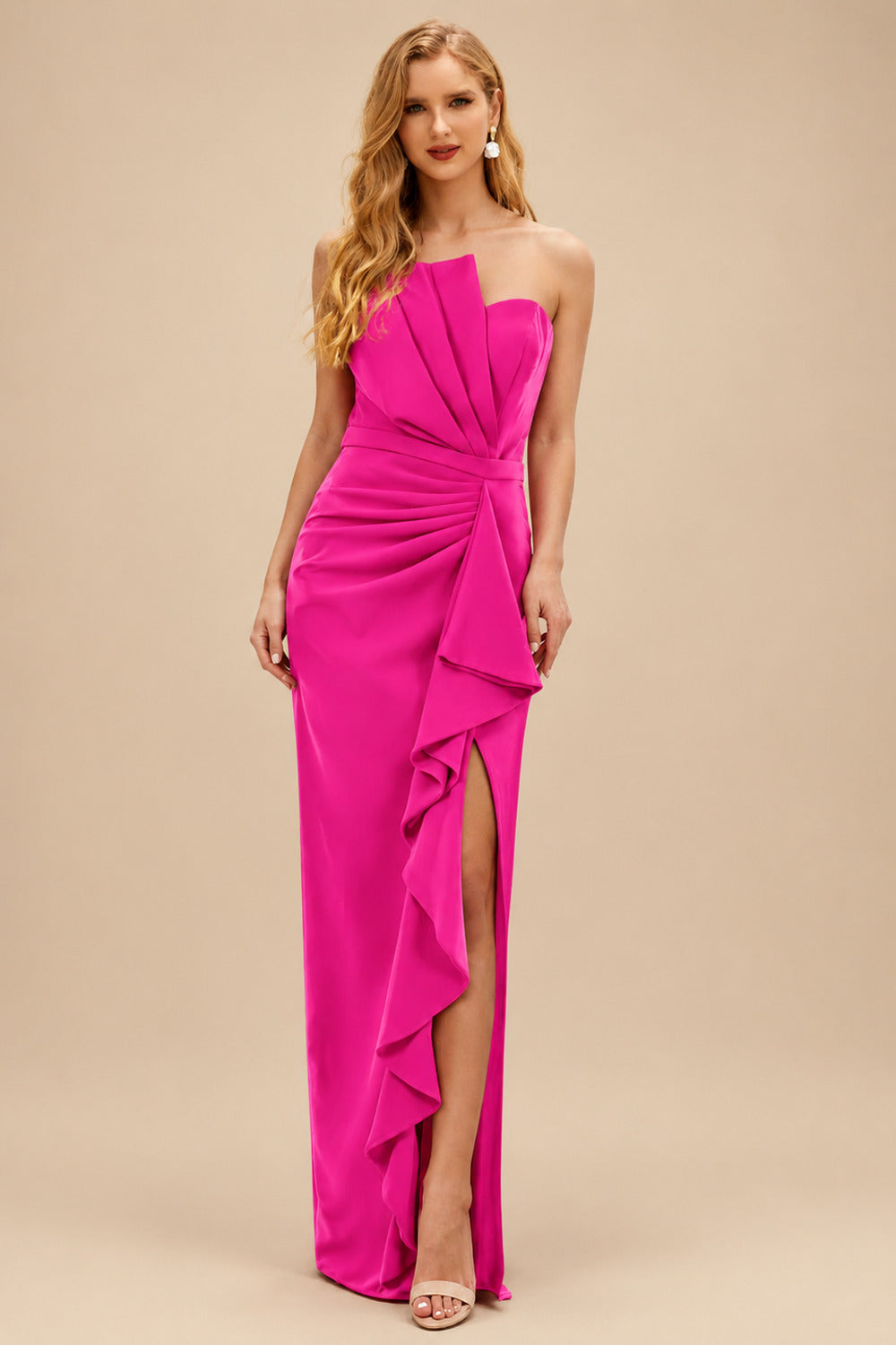 Rutipo As Picture Sheath/Column Strapless Elastic Satin Prom Dresses With Split Front/Cascading Ruffles