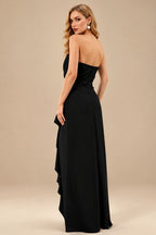 Rutipo Black Sheath/Column Strapless Elastic Satin Prom Dresses With Split Front/Cascading Ruffles