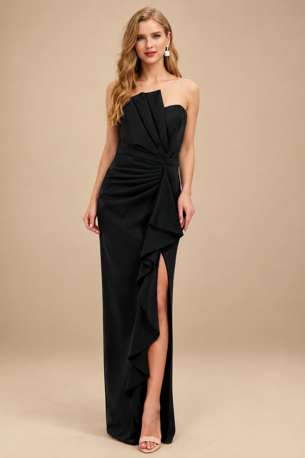 Rutipo Black Sheath/Column Strapless Elastic Satin Prom Dresses With Split Front/Cascading Ruffles