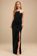 Rutipo Black Sheath/Column Strapless Elastic Satin Prom Dresses With Split Front/Cascading Ruffles