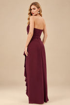 Rutipo Burgundy Sheath/Column Strapless Elastic Satin Prom Dresses With Split Front/Cascading Ruffles