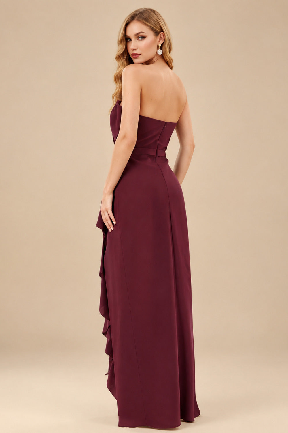 Rutipo Burgundy Sheath/Column Strapless Elastic Satin Prom Dresses With Split Front/Cascading Ruffles