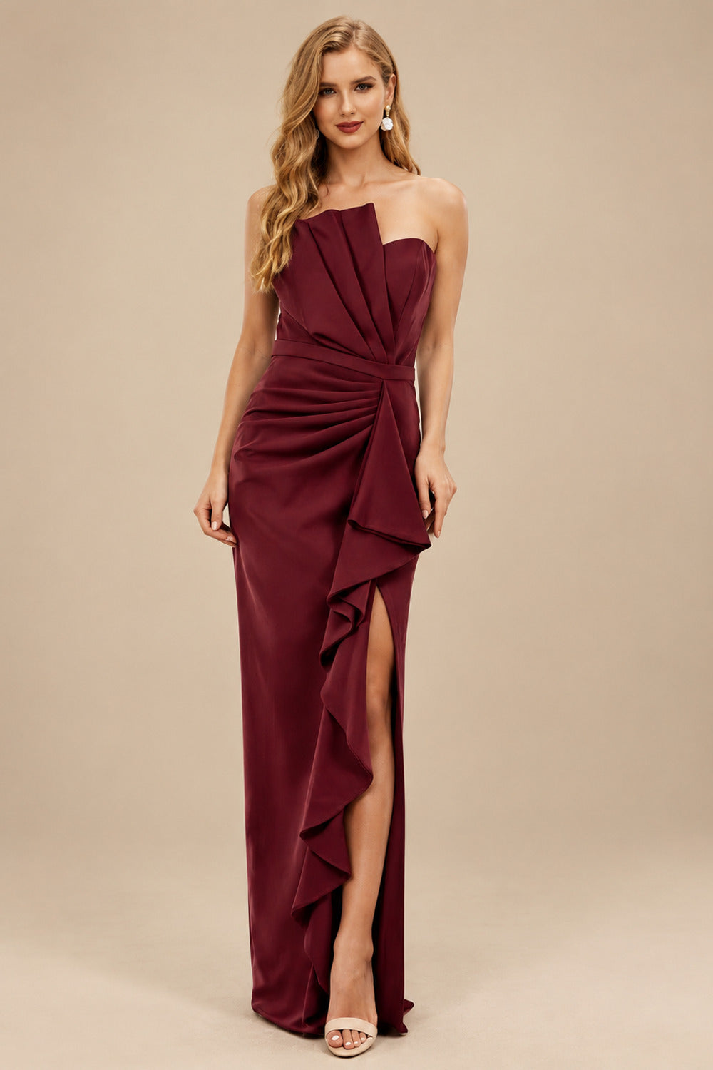 Rutipo Burgundy Sheath/Column Strapless Elastic Satin Prom Dresses With Split Front/Cascading Ruffles