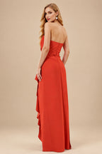 Rutipo Burnt Orange Sheath/Column Strapless Elastic Satin Prom Dresses With Split Front/Cascading Ruffles