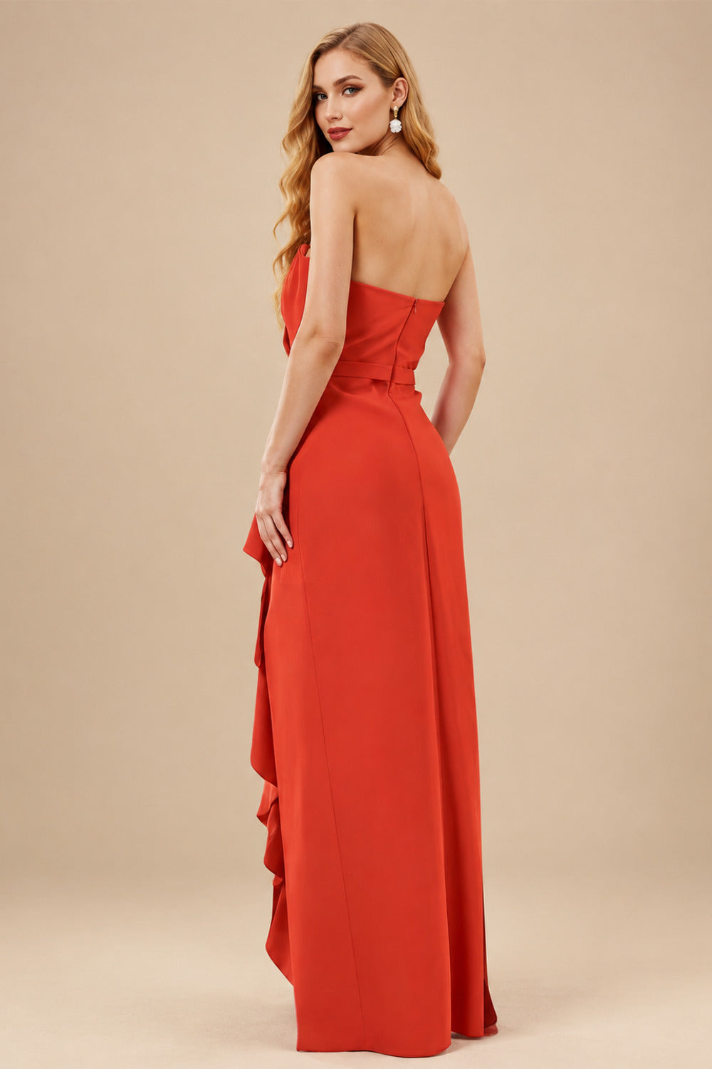 Rutipo Burnt Orange Sheath/Column Strapless Elastic Satin Prom Dresses With Split Front/Cascading Ruffles