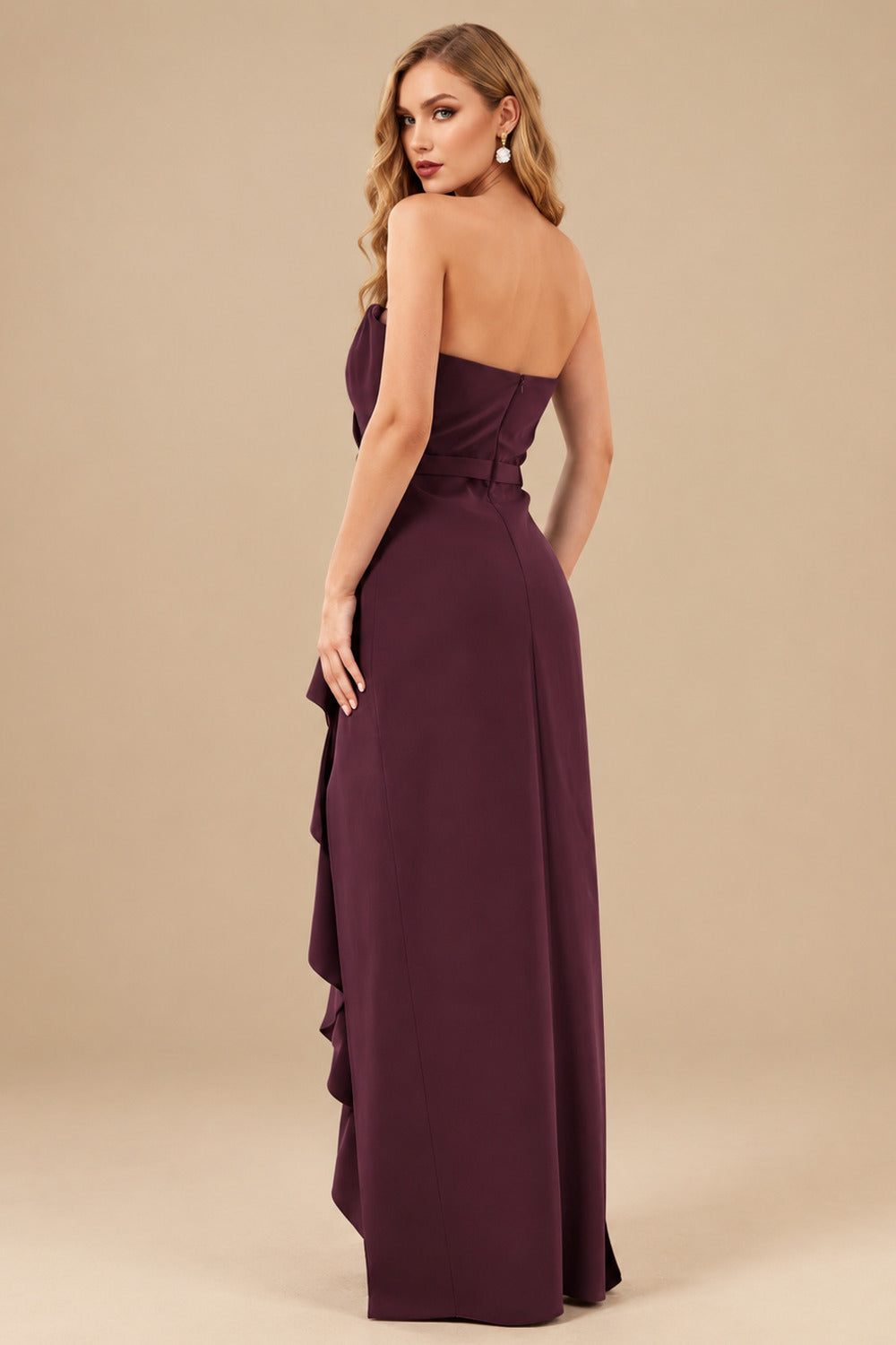 Rutipo Cabernet Sheath/Column Strapless Elastic Satin Prom Dresses With Split Front/Cascading Ruffles