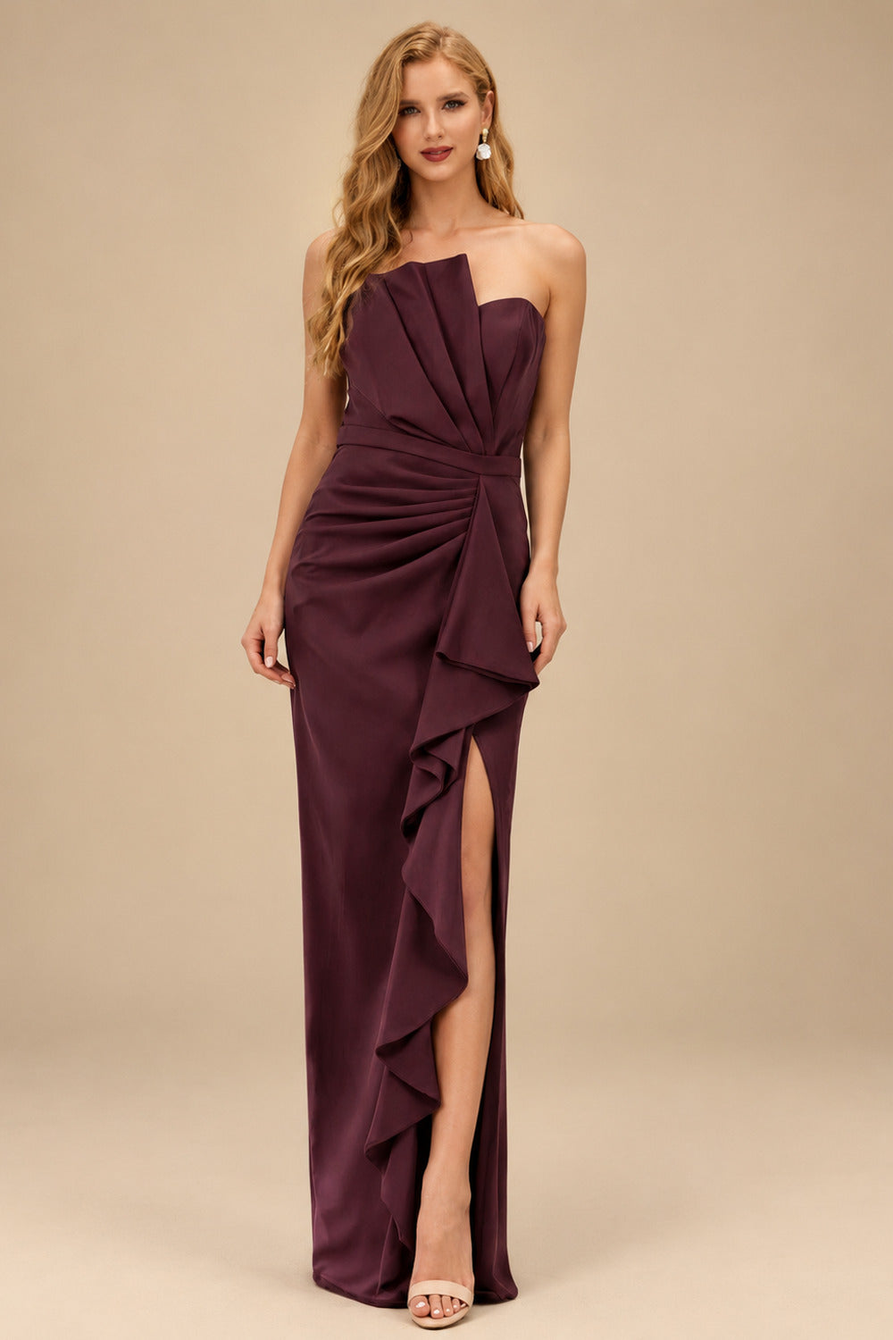 Rutipo Cabernet Sheath/Column Strapless Elastic Satin Prom Dresses With Split Front/Cascading Ruffles