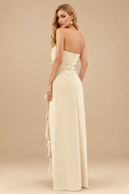 Rutipo Champagne Sheath/Column Strapless Elastic Satin Prom Dresses With Split Front/Cascading Ruffles