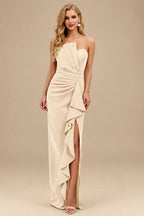 Rutipo Champagne Sheath/Column Strapless Elastic Satin Prom Dresses With Split Front/Cascading Ruffles
