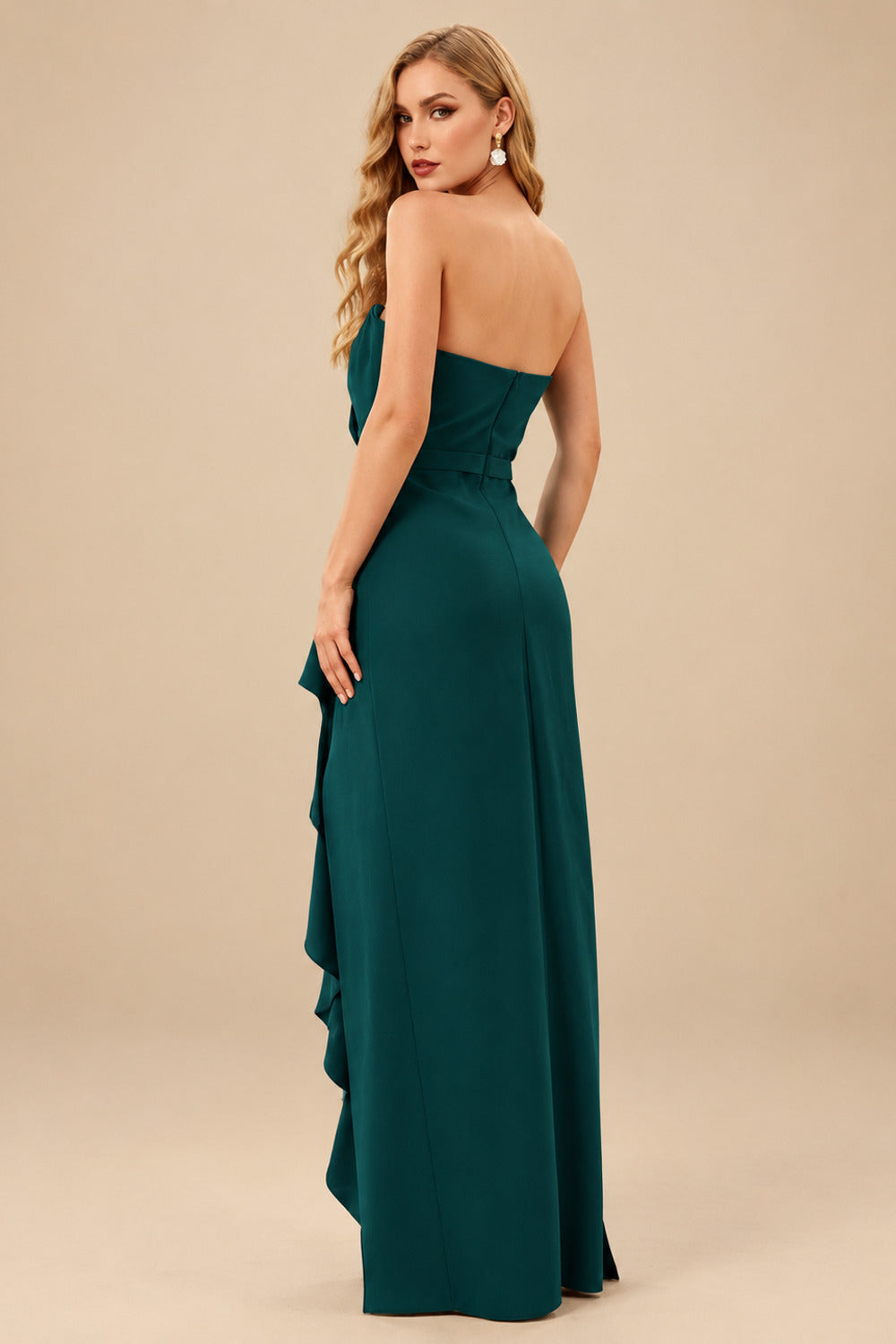 Rutipo Dark Green Sheath/Column Strapless Elastic Satin Prom Dresses With Split Front/Cascading Ruffles