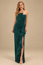 Rutipo Dark Green Sheath/Column Strapless Elastic Satin Prom Dresses With Split Front/Cascading Ruffles