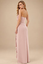 Rutipo Dusty Rose Sheath/Column Strapless Elastic Satin Prom Dresses With Split Front/Cascading Ruffles