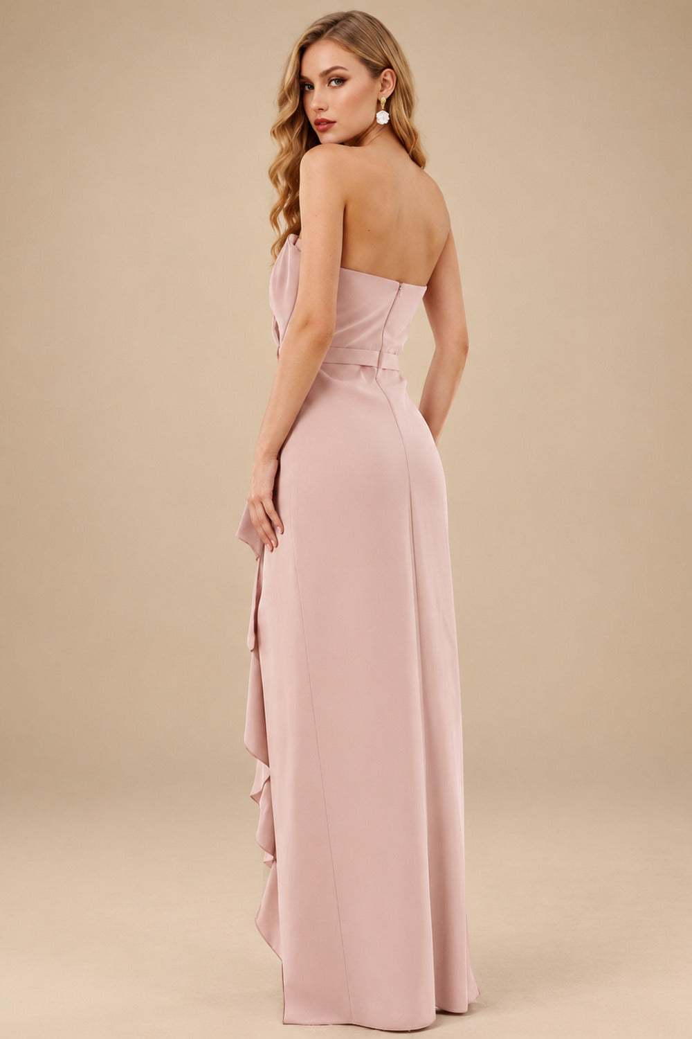 Rutipo Dusty Rose Sheath/Column Strapless Elastic Satin Prom Dresses With Split Front/Cascading Ruffles