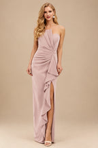 Rutipo Dusty Rose Sheath/Column Strapless Elastic Satin Prom Dresses With Split Front/Cascading Ruffles