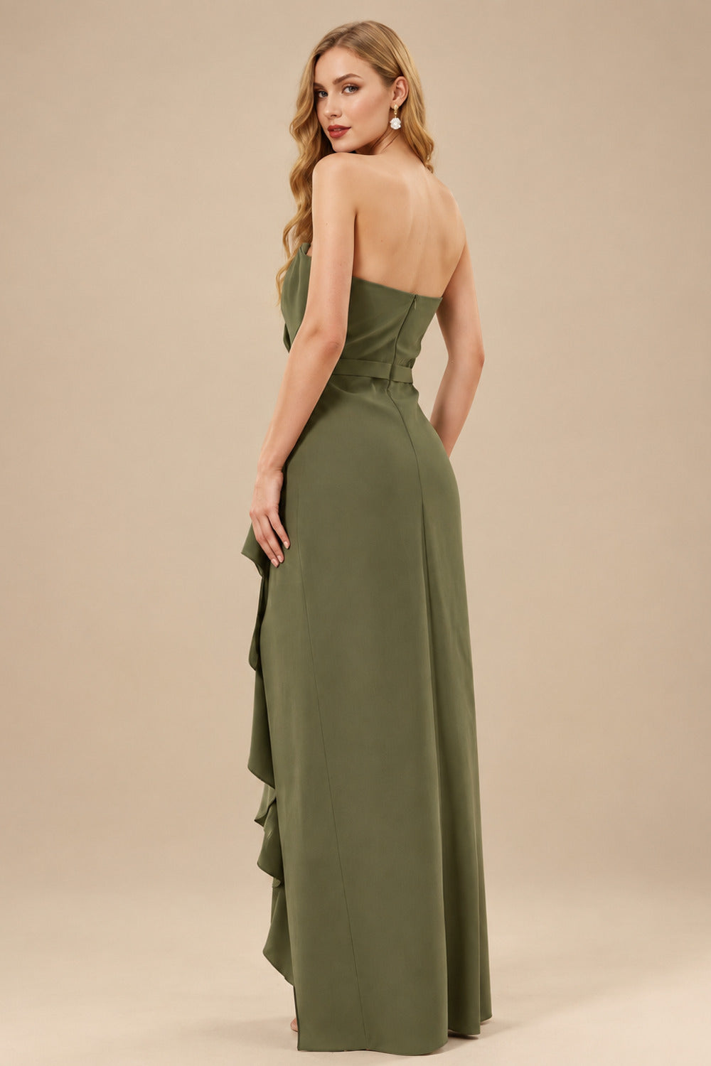 Rutipo Olive Green Sheath/Column Strapless Elastic Satin Prom Dresses With Split Front/Cascading Ruffles
