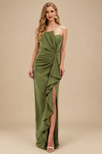 Rutipo Olive Green Sheath/Column Strapless Elastic Satin Prom Dresses With Split Front/Cascading Ruffles