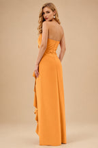 Rutipo Orange Sheath/Column Strapless Elastic Satin Prom Dresses With Split Front/Cascading Ruffles