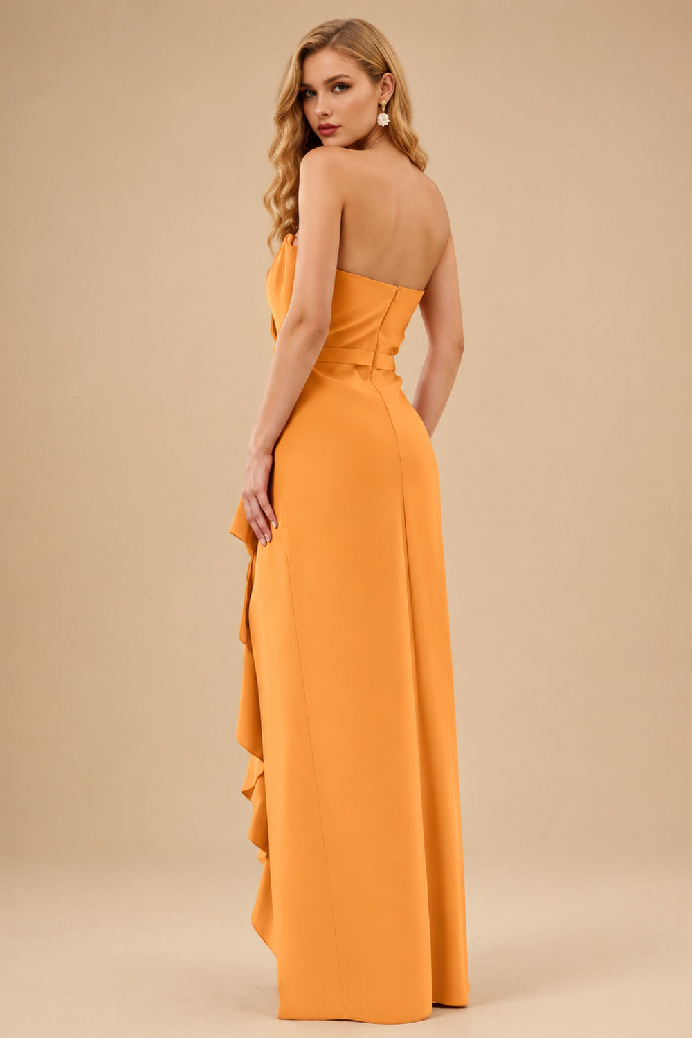Rutipo Orange Sheath/Column Strapless Elastic Satin Prom Dresses With Split Front/Cascading Ruffles