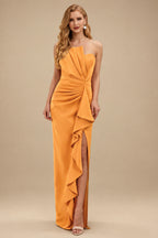 Rutipo Orange Sheath/Column Strapless Elastic Satin Prom Dresses With Split Front/Cascading Ruffles