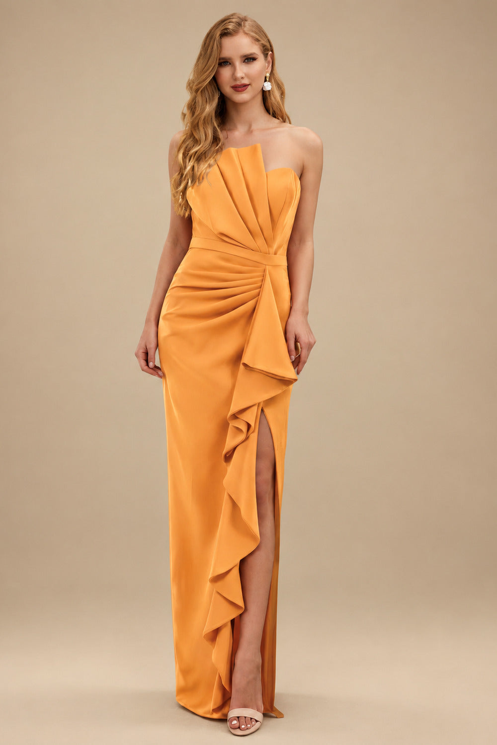Rutipo Orange Sheath/Column Strapless Elastic Satin Prom Dresses With Split Front/Cascading Ruffles