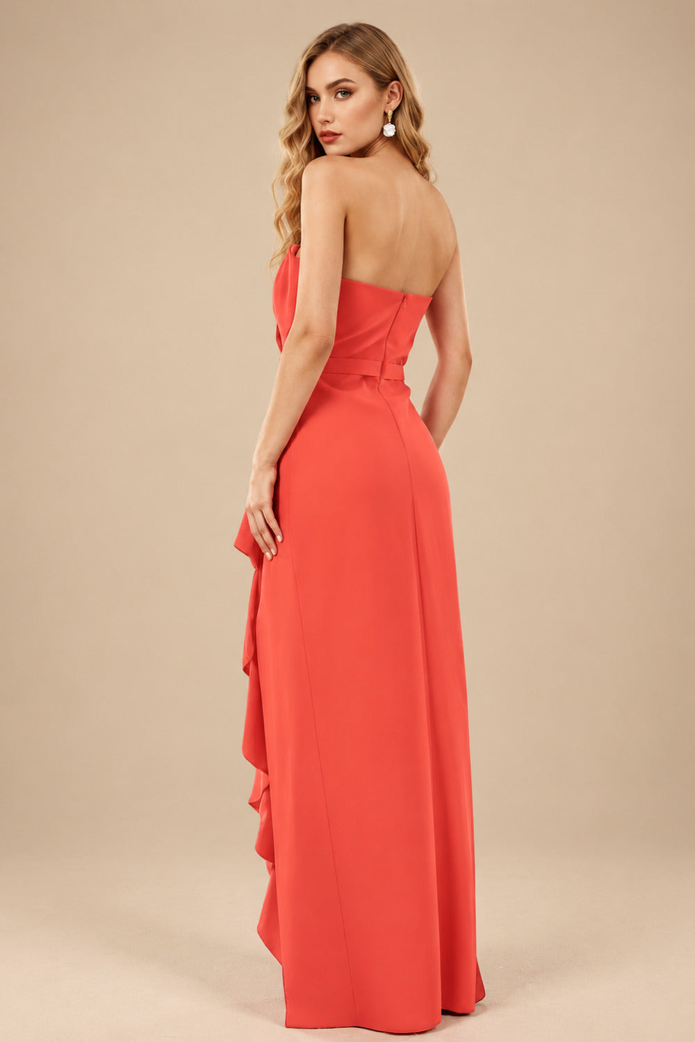 Rutipo Papaya Sheath/Column Strapless Elastic Satin Prom Dresses With Split Front/Cascading Ruffles