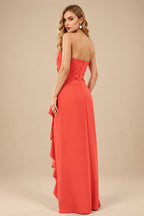 Rutipo Papaya Sheath/Column Strapless Elastic Satin Prom Dresses With Split Front/Cascading Ruffles